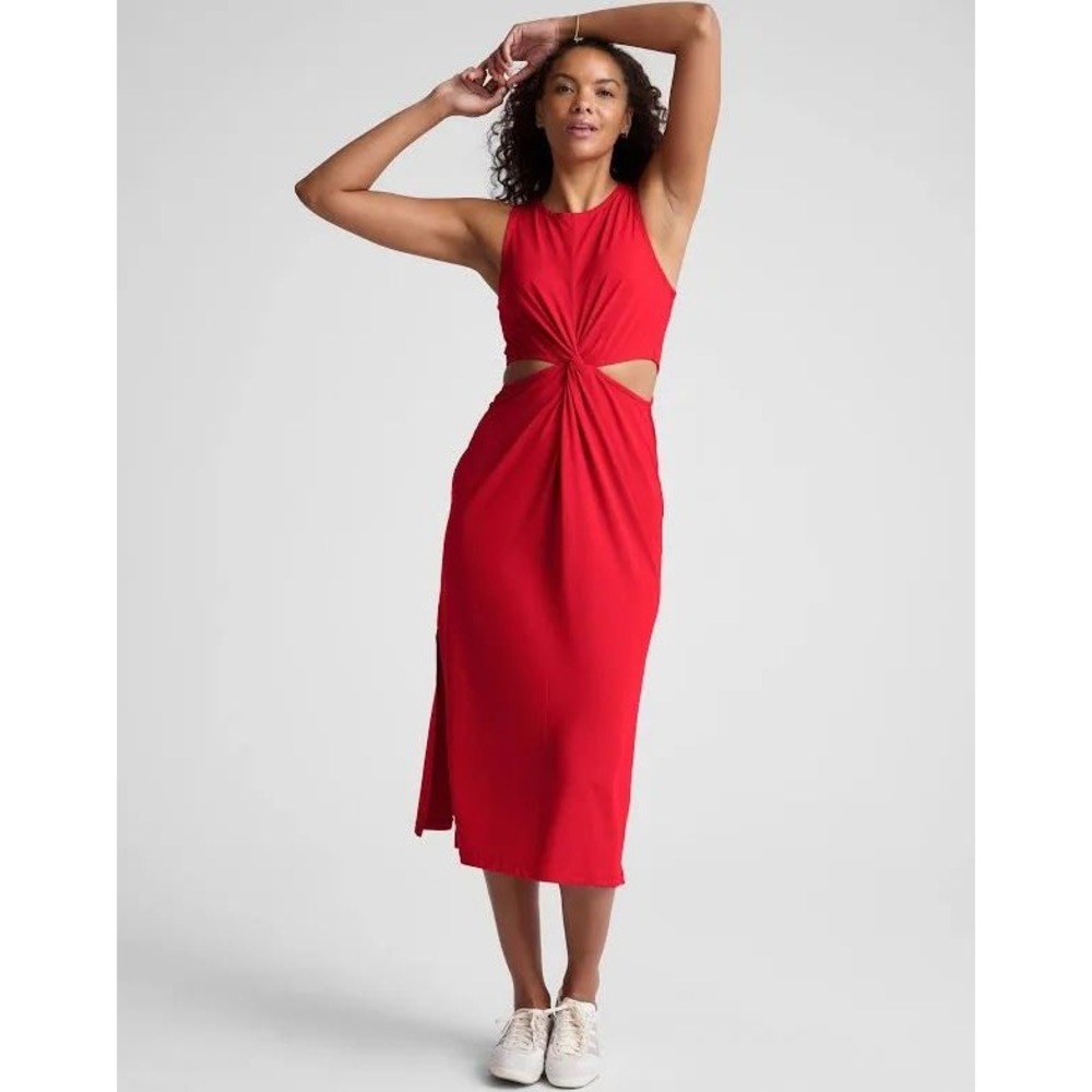 Beyond Yoga Around The World Dress Twist Front Cut Out Midi Red Sleeveless